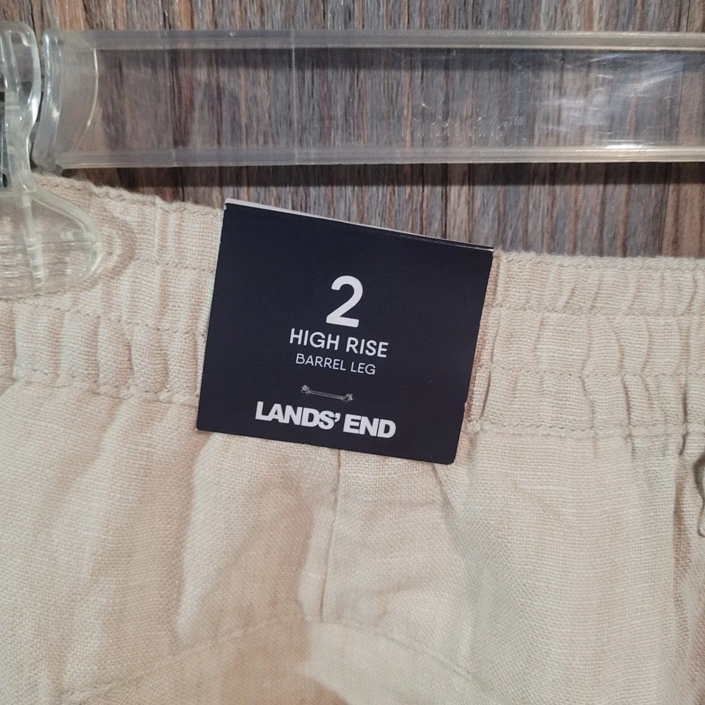 LANDS' END High Rise Barrel Leg 100% Linen Pants Sz 2 x 27 Beige Beach Vacation